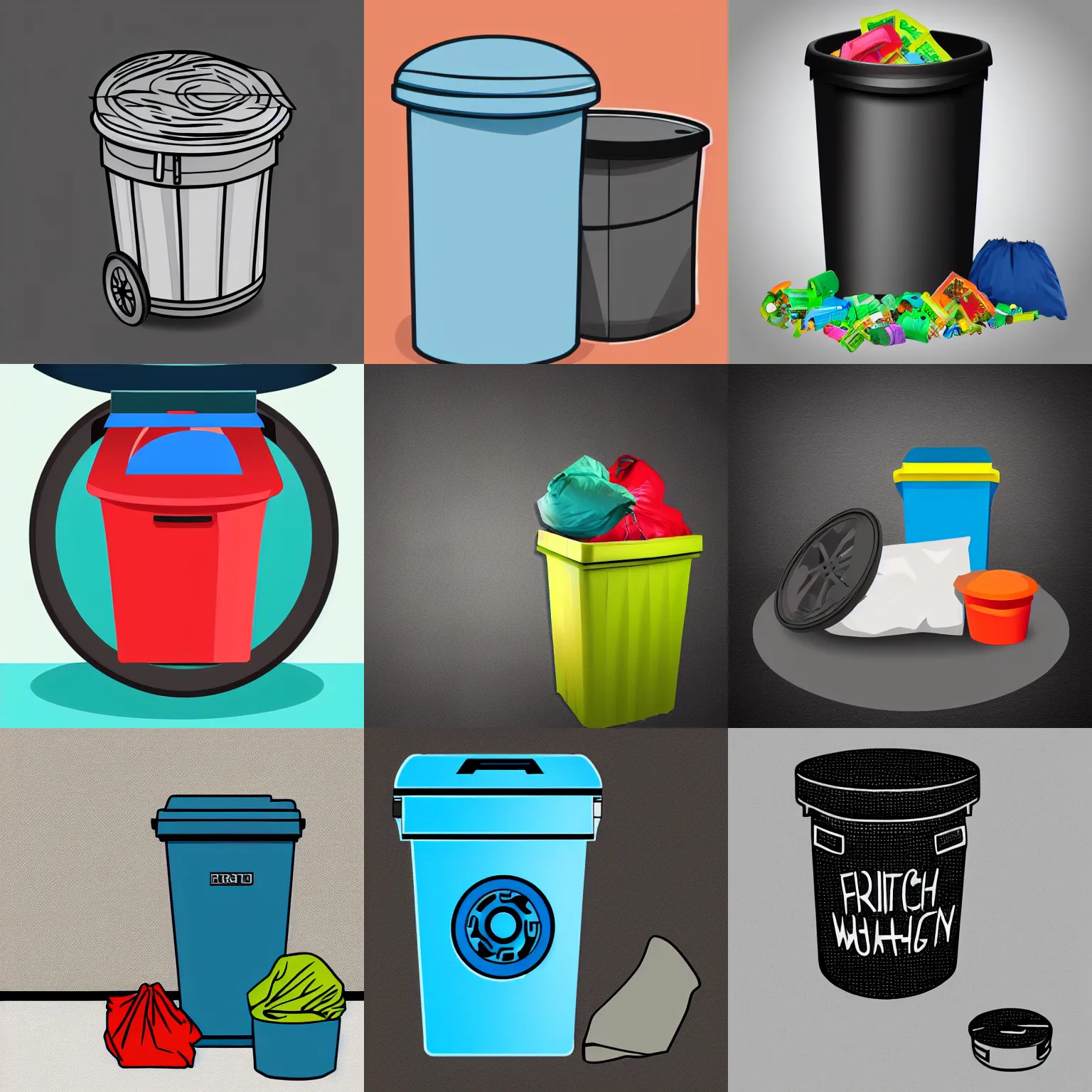 Prompt: garbage wheel bin, throw bag into bin, digital Illustration