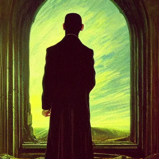 Image similar to H.P. Lovecraft, painting by Caspar David Friedrich, oil, high detail, trending on artstation