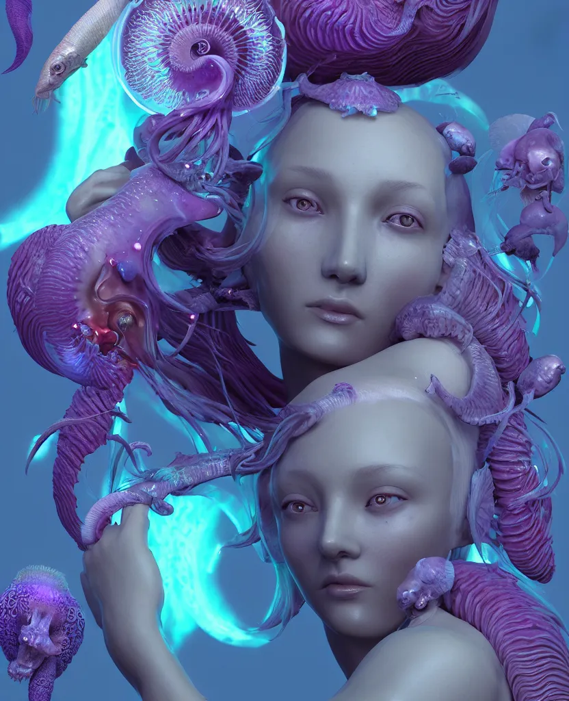 Image similar to goddess princess beautiful face close-up portrait ram skull zbrush sculpt. jellyfish phoenix head, nautilus, orchid, skull, betta fish, bioluminiscent creatures, intricate artwork by Tooth Wu and wlop and beeple. octane render, trending on artstation, greg rutkowski very coherent symmetrical artwork. cinematic, hyper realism, high detail, octane render, 8k