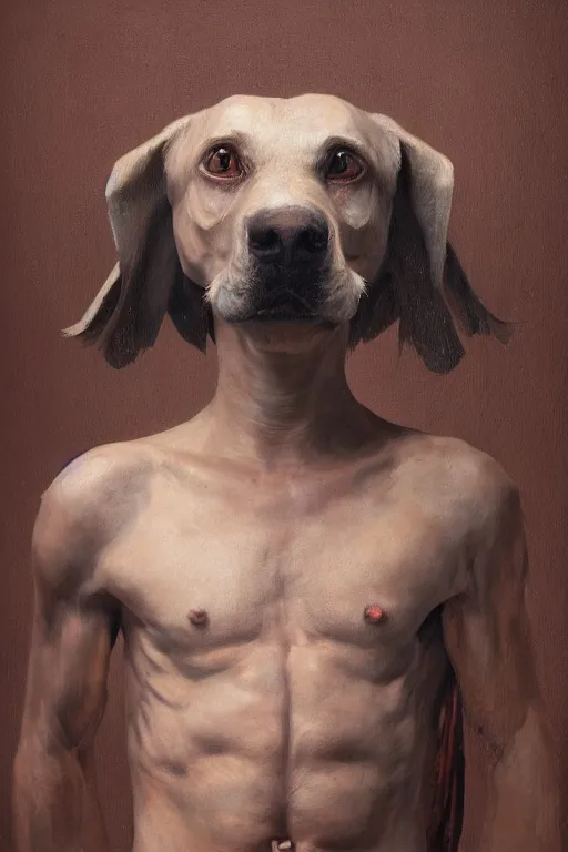 Image similar to Slavic dog head man, beautiful torso in medieval clothes, oil painting, hyperrealism, beautiful, high resolution, trending on artstation,