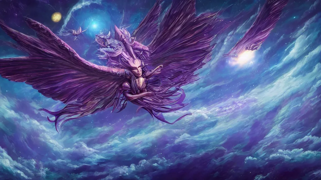 Image similar to Surrealist painting of a winged monster flying over the ocean, with a starry sky full of glowing planets behind it, purple color scheme, fantasy artwork, award winning, hyper detailed, very very very very very very very very very very very very very very very very very beautiful, studio lighting, artstation