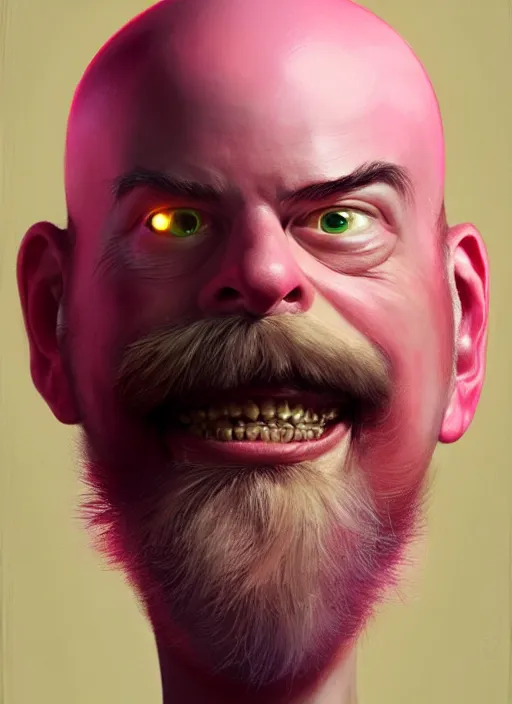 Prompt: portrait of dr robotnik, realistic, skinny, smile, ugly, defined jawline, big chin, pink hair bow, intricate, elegant, glowing lights, highly detailed, digital painting, artstation, sharp focus, illustration, art by wlop, mars ravelo and greg rutkowski