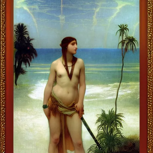 Image similar to Girl with a blood chalice at the palace, thunderstorm, pool, beach and palm trees on the background major arcana sky, by paul delaroche, alphonse mucha and arnold böcklin arnold böcklin hyperrealistic 8k, very detailed