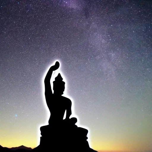 Image similar to Film still of silhouette of indian statue, sukhasana, starry sky, flying saucer, ufo, ufo, ufo, with radiating hill, full shot