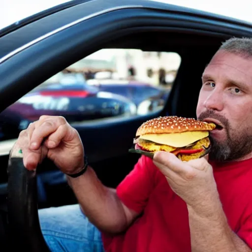 Prompt: duane johnson eating a hamburger in his car