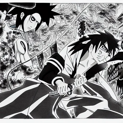 Image similar to Sasuke and Frank Zappa vs Naruto manga panel award winning black and white art by Frank Zappa and Kishimoto highly detailed pen and ink matte painting