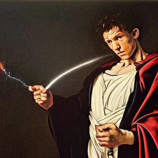 Prompt: Tom Holland wearing a black robe, holding a wand with electricity emitting from it. Painted by Caravaggio, high detail