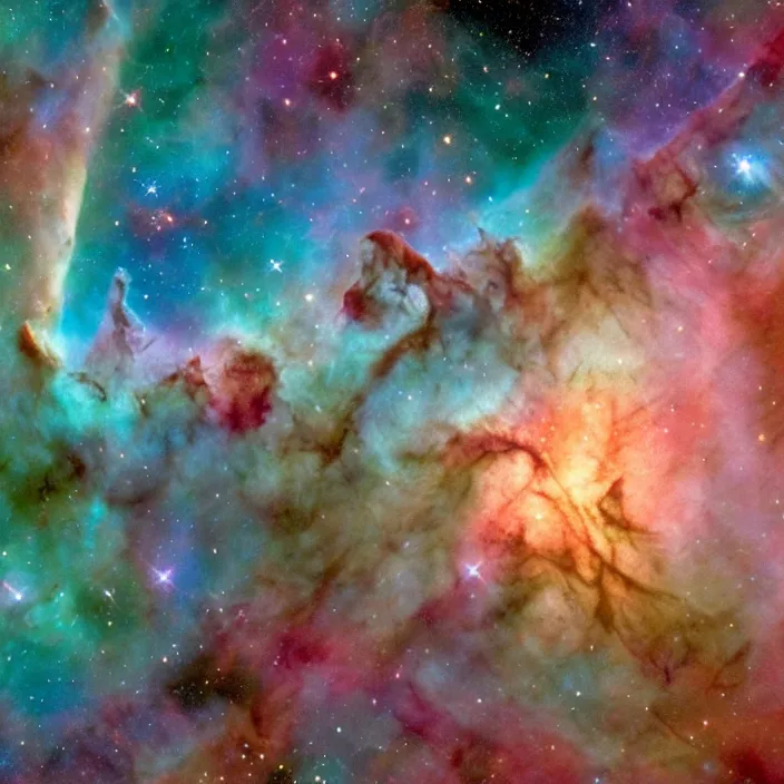 Image similar to Carina nebula as seen in the night sky of a distant alien planet with mountain surface, NASA true color photograph, very detailed, 8k resolution