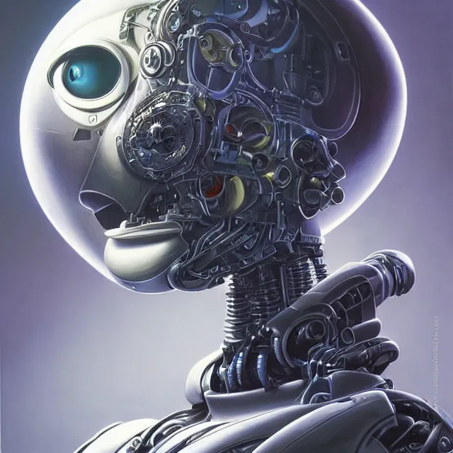 Prompt: perfectly centered portrait, front view of a biomechanical android alien robot owl wearing glasses, moonbird, symmetrical, concept art, intricate detail, volumetric shadows and lighting, realistic oil painting by tim hildebrandt,