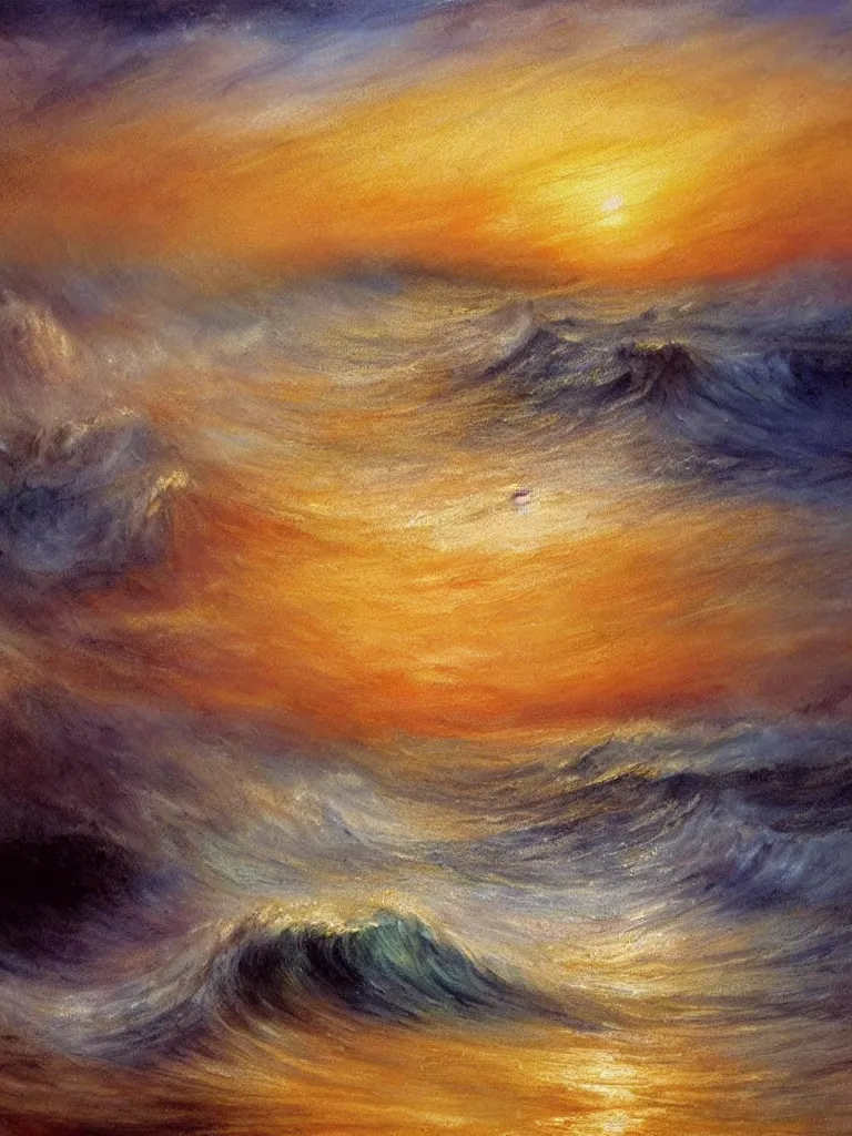 Prompt: a painting of beautiful waves in a colorful ocean during a breathtakingly misty sunset in the style of Joseph Mallord William Turner, artstudio, light oil color scheme