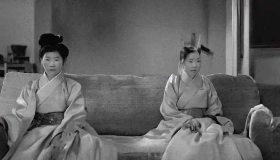 Image similar to a filmstill of a woman in a hanbok sitting on a couch, traditional korean interior, kaiju starfish shadow behind a screen door, cinematography by Akira Kurosawa