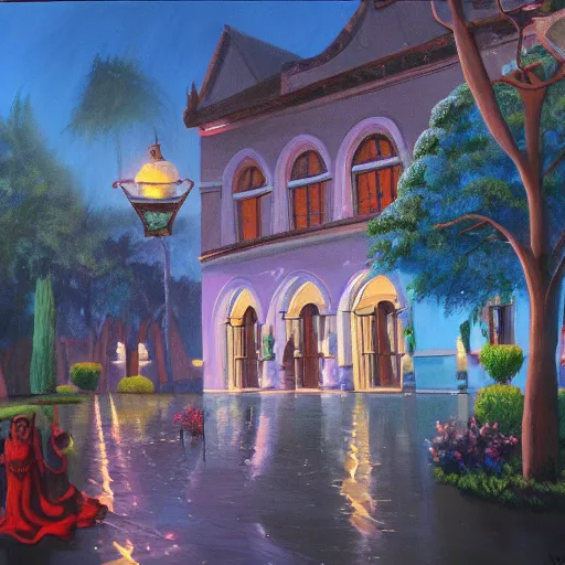 Prompt: john avon painting of the magic academy of raya lucaria