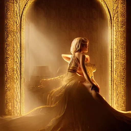 Prompt: an incredibly beautiful and elegant woman covered in intricate gold leaf detail in a gothic hotel room with soft indirect lighting, an ultrafine detailed illustration by victoria frances, final fantasy, cinematic colors, behance contest winner, unreal engine 5 highly rendered, global illumination, radiant light, detailed and intricate environment