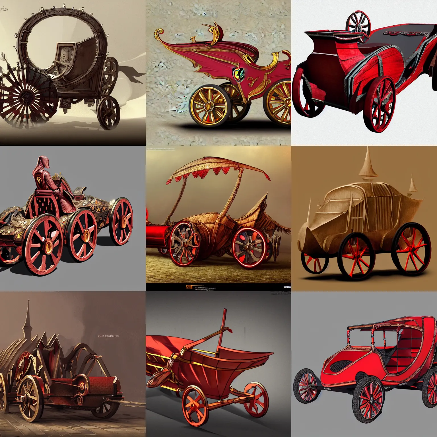 Prompt: digital artwork of a medieval tracted chariot built by ferrari, inspirated by ferrari's trending on artstation