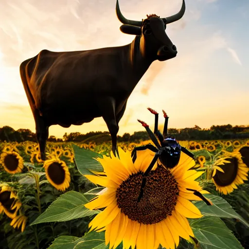 Image similar to spider sitting on a sunflower, cow in the background, depth of field, ultra realistic, cinema, sunset, photo