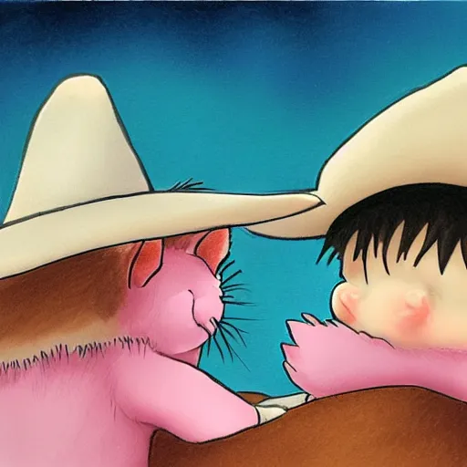 Prompt: baby kitten with a cowboy hat hugging a pink baby kitten, drawing by studio ghibli