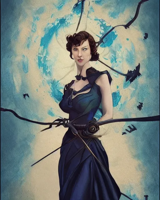 Image similar to in the style of joshua middleton, artgerm, beautiful caitriona balfe, steampunk, bioshock, full body, blue dress, elegant pose, middle shot, spooky, symmetrical face, symmetrical eyes, detailed realisitc eyes, three point lighting, detailed realistic eyes, detailed and intricate