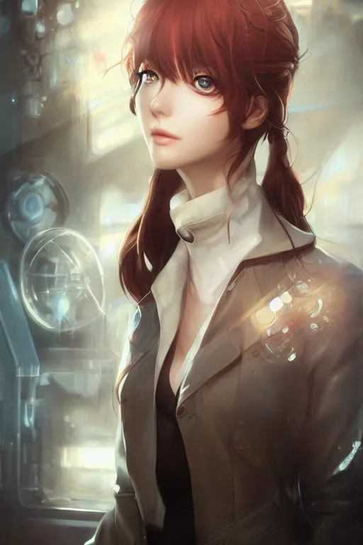 Image similar to highly detailed portrait of makise kurisu from steins gate, labcoat, fantasy art by artgerm, tom bagshaw, charlie bowater, detailed and intricate environment, trending on artstation