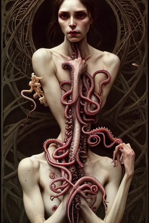 Prompt: ultra realistic, sasha vykos, tzimisce, flesh, metamorphosis, vampire, sabbat, tentacles, bone, body horror, intricate details, eerie, highly detailed, octane render, 8 k, art by artgerm and alphonse mucha and greg rutkowski