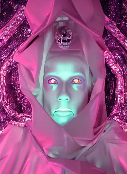 Image similar to photo of fullbodied baroque and bladerunner delicate neon diamond sculpture of seductive ceramic albino marble prince brian whittaker dotado mint iridescent humanoid deity wearing pink plastic trashbag hooded cloak holding diamond skull in a white alien dungeon, reclining, glowing magenta face, crown of white diamonds, cinematic lighting, photorealistic, octane render 8 k depth of field 3 d