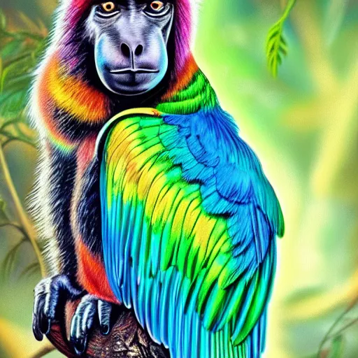 Prompt: iridescent parrot colored rainbow baboon in a forest hyper realistic detailed