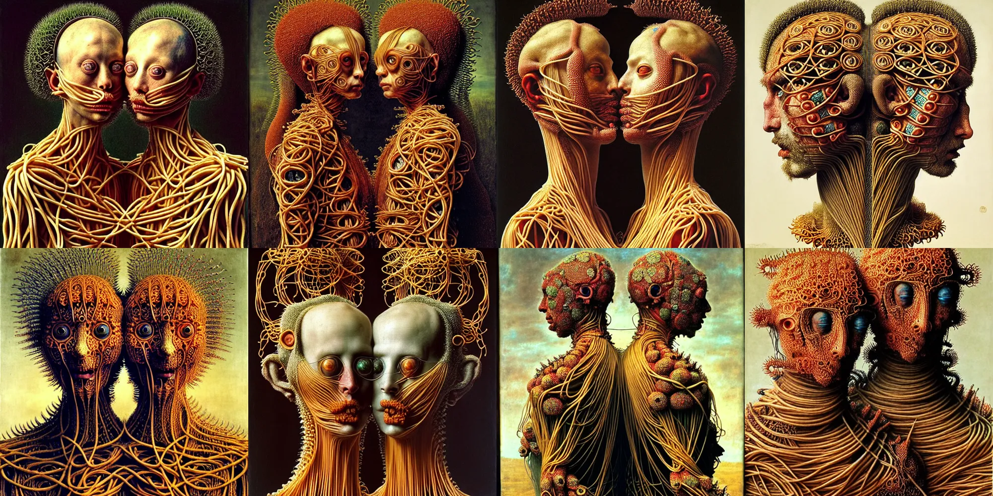 Prompt: fully featured siamese twins made of spaghetti, intricate armor made of fractals of spagetthi, highly detailed, by giuseppe arcimboldo and ambrosius benson, renaissance, a touch of beksinski, realistic, high definition