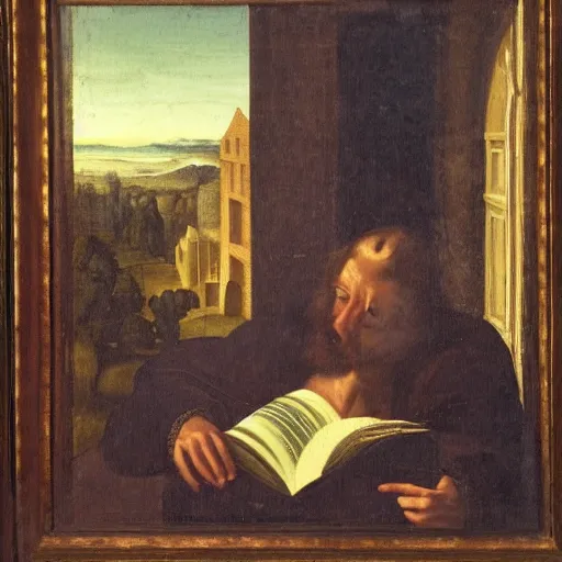 Prompt: dark renaissance painting of a man pensively studying a book