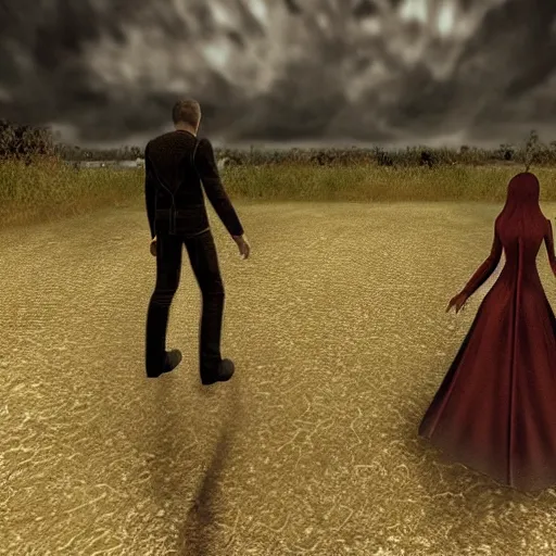 Prompt: a man and a woman standing next to each other, a screenshot by The Mazeking, deviantart, international gothic, xbox 360 graphics, dynamic pose, playstation 5 screenshot,