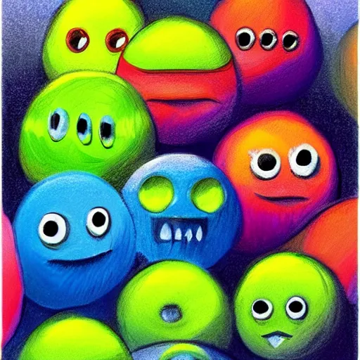 Image similar to a million tennis ball monsters, colorful, digital art, fantasy, magic, chalk, trending on artstation, ultra detailed, professional illustration by basil gogos