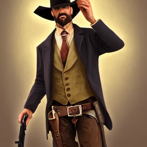 Image similar to well dressed preacher in the wild west holding a gun, 8k, artstation