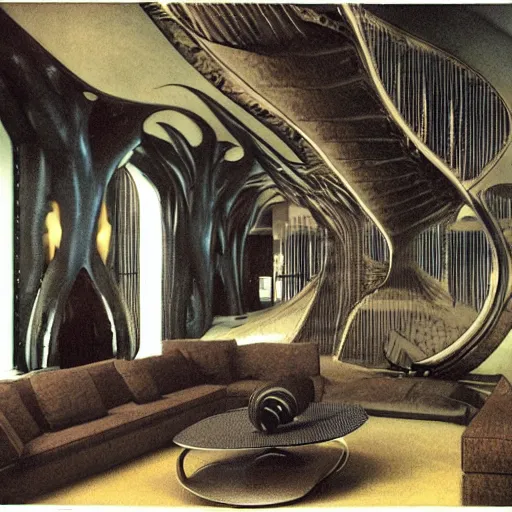Prompt: bachelor pad with interior design by h. r. giger