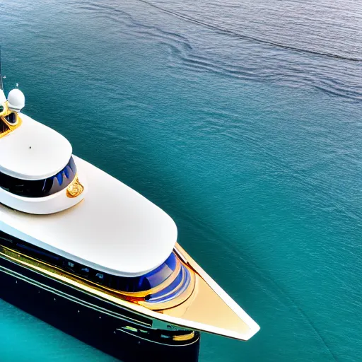 Prompt: gold plated mega yacht with two swimming pools and a helicopter landing pad, docked at harbor, clear and focused, elegant, photograph