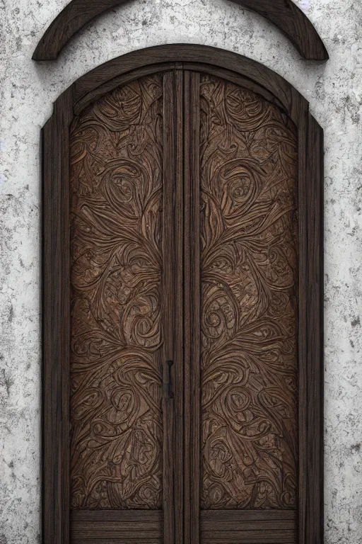 Image similar to a huge wooden door made by two slabs with live edge with rush plant ornaments in bright metalllic element, ornate, fantasy, photorealistic, octane render, volumetric light, high definition, ultra detailed, artstation, deviantart, cgsociety