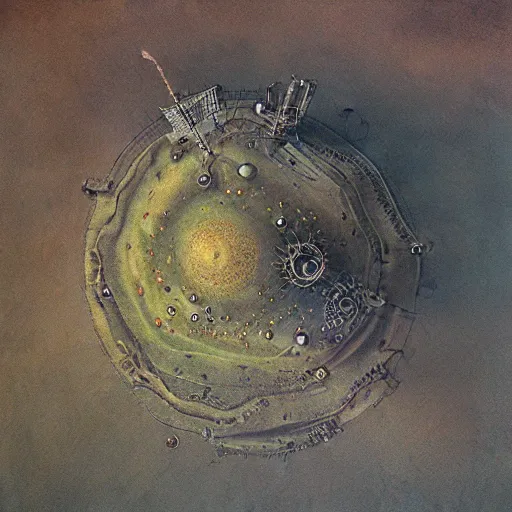 Image similar to aerial shot of fantastic machinery terraforming Venus, in the style of zdzisław beksiński, composition by hieronymus bosch,