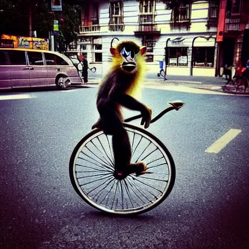 Prompt: “Monkey on a unicycle, in the middle of a busy town square, Ghibli”