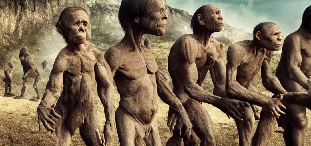 Prompt: stages of human evolution, a colorized photo, colorized, # film, movie still