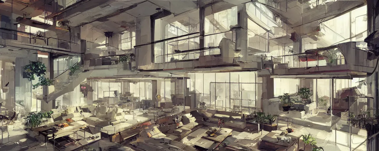 Prompt: interior of a loft, living room with split levels, mezzanine, plants and patio, 1970 furniture, a giant computer with too many cables, giant screens on the call, bauhaus, concept art by Theo Prins