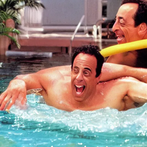 Image similar to jerry seinfeld drowning jim varney in an inflatable kids pool as barney looks on and laughs in the background highly detailed award winning photo