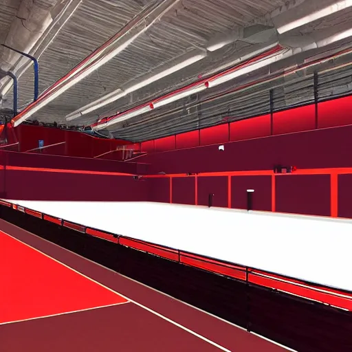 Prompt: a sportshall where 3 giant pipes come out of the floor with the opening towards us. each pipe has a different color. unreal engine