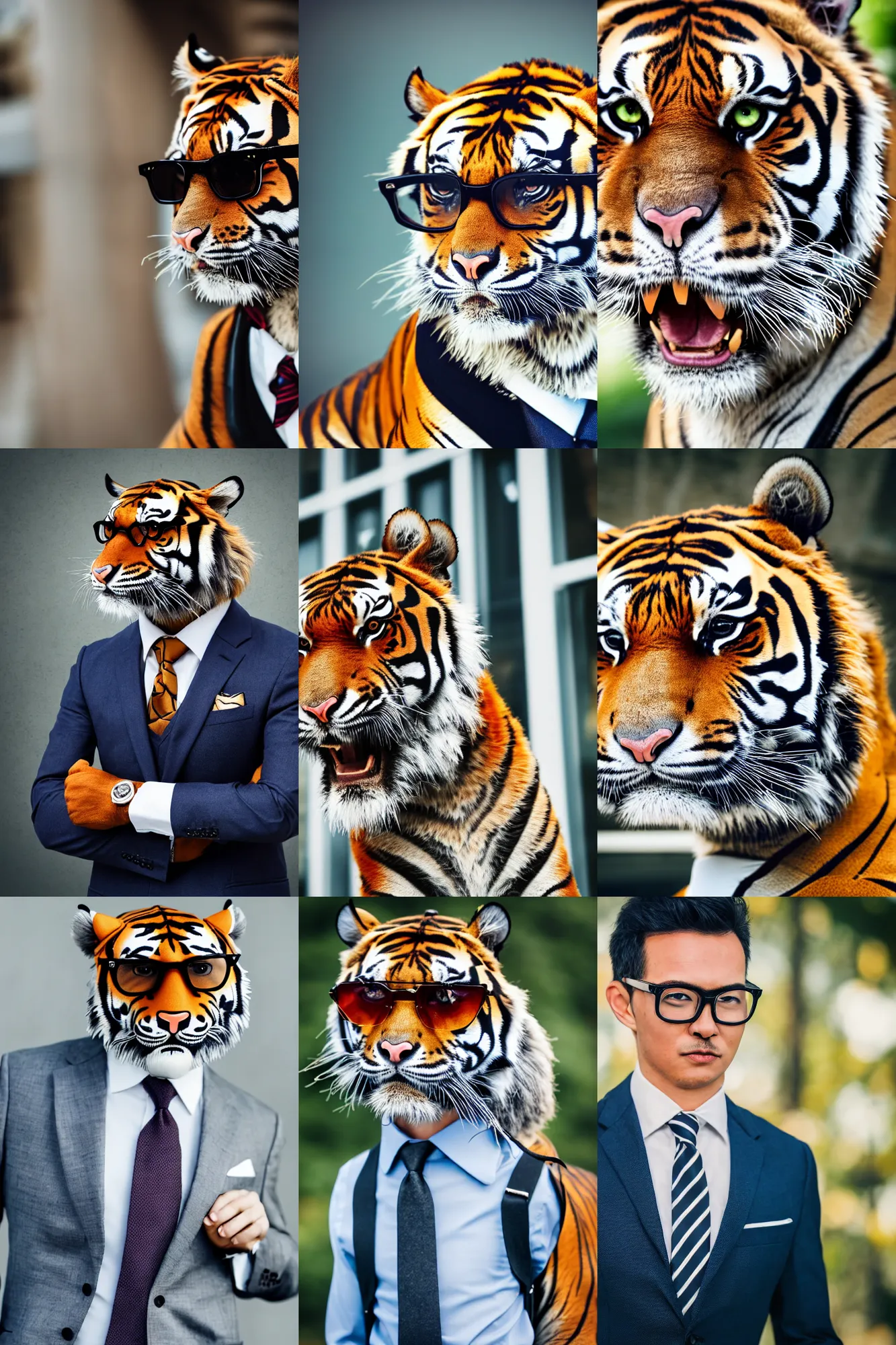 Prompt: high quality portrait photo of a tiger dressed in a business suit and tie, !!wearing stylish glasses!!, !Anthropomorphic!, photography 4k, f1.8 bokeh, 4k, 85mm lens, sharp eyes, looking at camera