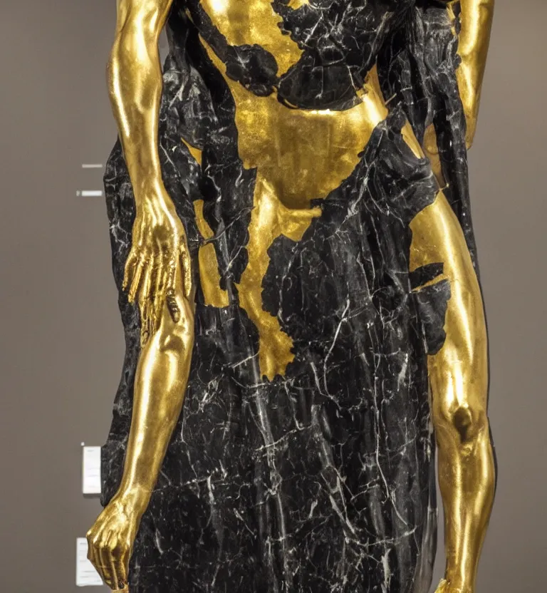 Image similar to a photo at the museum showing a black marble and gold full body sculpture of cleopatra. good quality, good light, anatomically correct, 8 k