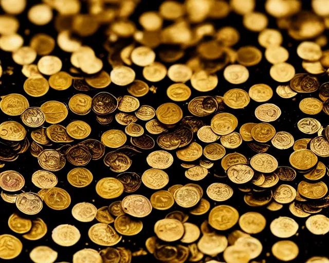 Image similar to 4 k hd, high resolution landscape photograph of fields covered with gold coins, raining dollars, shot with sigma f / 4. 2, 2 5 0 mm sharp lens, wide shot, high level texture render