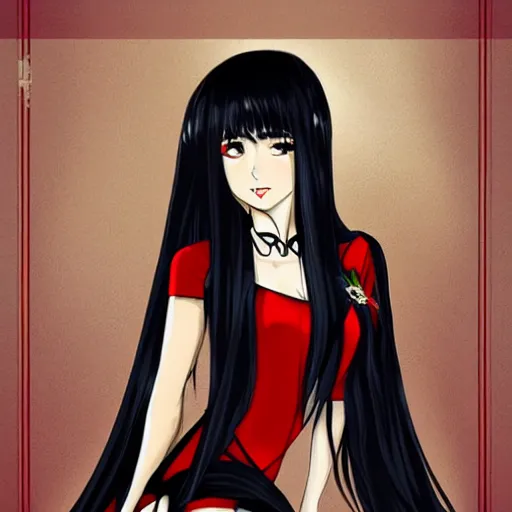 Image similar to a beautiful anime woman with long black hair, wearing a red cheongsam, full body art by Steve Argyle