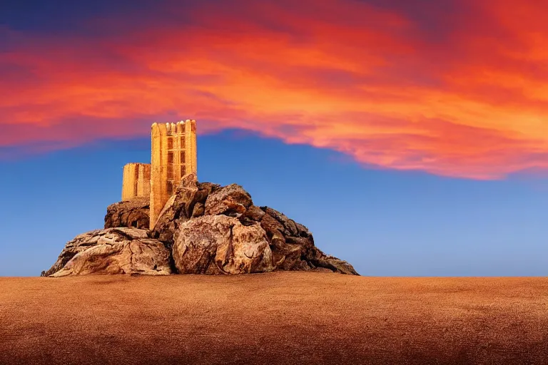 Image similar to very dry ground, desert, cracked, big tower in the background, red sky, fire in the background, award - winning, ethereal, dreamy, realistic