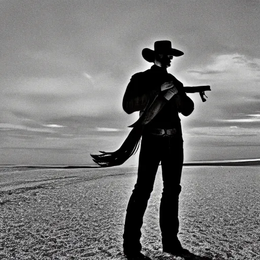 Image similar to gunslinger standing on a beach, a lone standing door