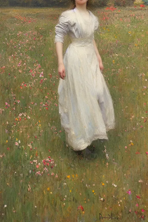 Image similar to Richard Schmid and Jeremy Lipking full length portrait painting of a young beautiful edwardian girl walking through a field of tall flowers