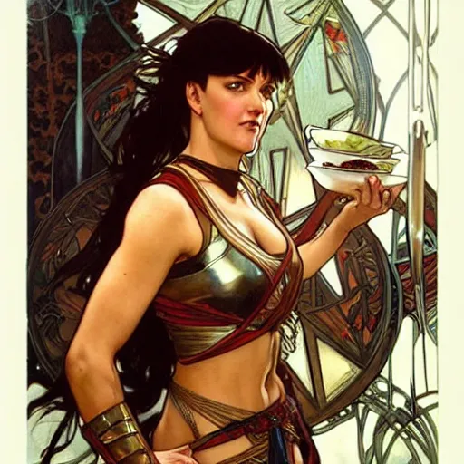 Image similar to xena warrior princess eating at a restaurant art by artgerm and greg rutkowski and alphonse mucha - w 7 6 8