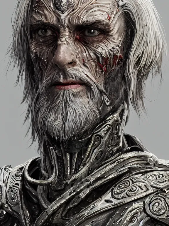 Image similar to portrait art of 8k ultra realistic Saruman, detailed intricate ornate armour,decaying, cybernetic, full of colour, cinematic lighting, battered, trending on artstation, 4k, hyperrealistic, focused, extreme details,unreal engine 5, cinematic, masterpiece, art by ayami kojima, giger