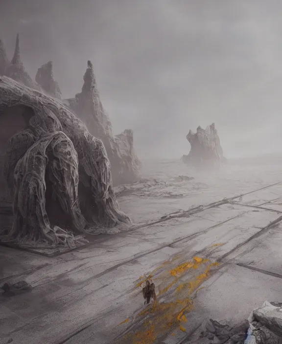 Image similar to surreal epic, masterpiece, romantic prometheus white } base, ancient ochre palette, impossible architecture by ruan jia, mecha floor, futuristic, blame, white architecture in the beach in iceland, foggy, highly detailed, digital painting, arstation, concept art, hyperealistic octane render, unreal engine
