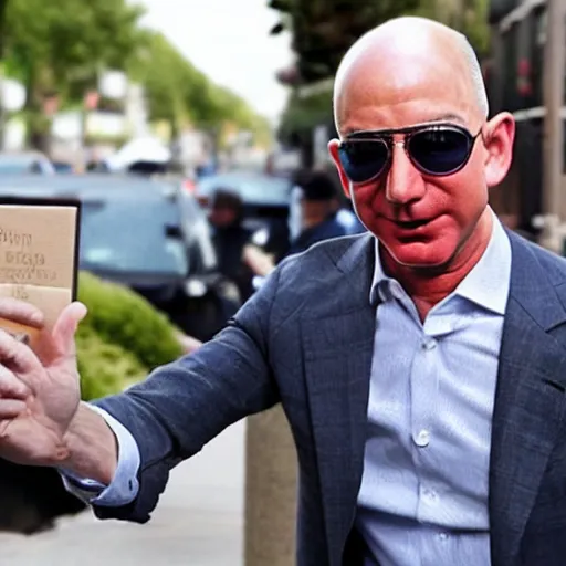 Prompt: jeff bezos as a homeless person, begging for some cash from the passers - by